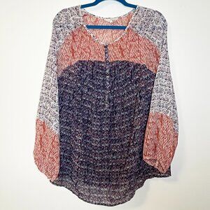 Lucky Brand Boho Print Blouse Sheer Peasant Top Long Sleeve Button Front Size 3X